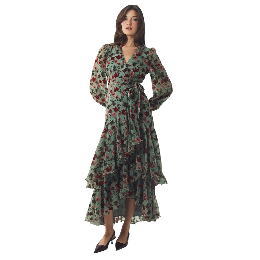 NEW HUTCH Helene Velvet Burnout Floral Wrap Maxi Dress Size Small